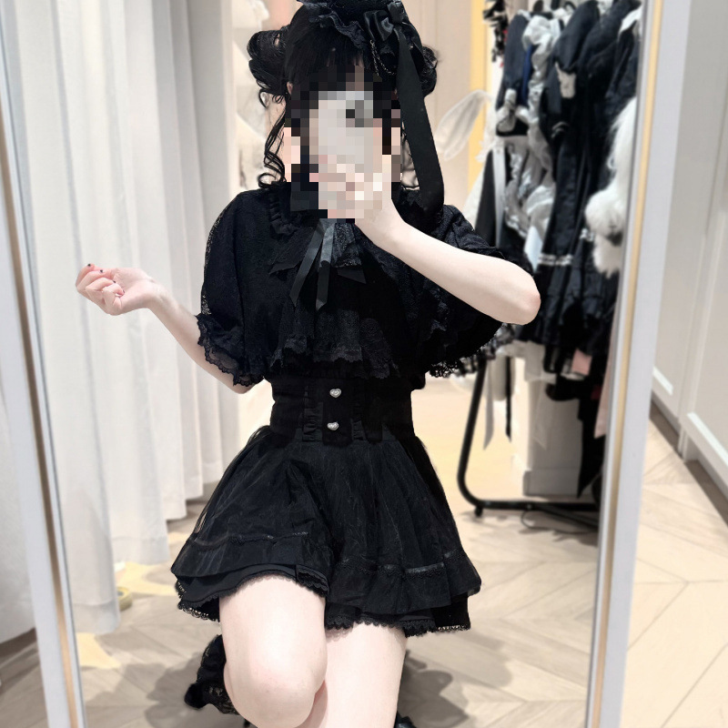暗黑甜酷风两件套蕾丝斗篷甜美蝴蝶结衬衫蕾服收腰显瘦轻lo短裙子