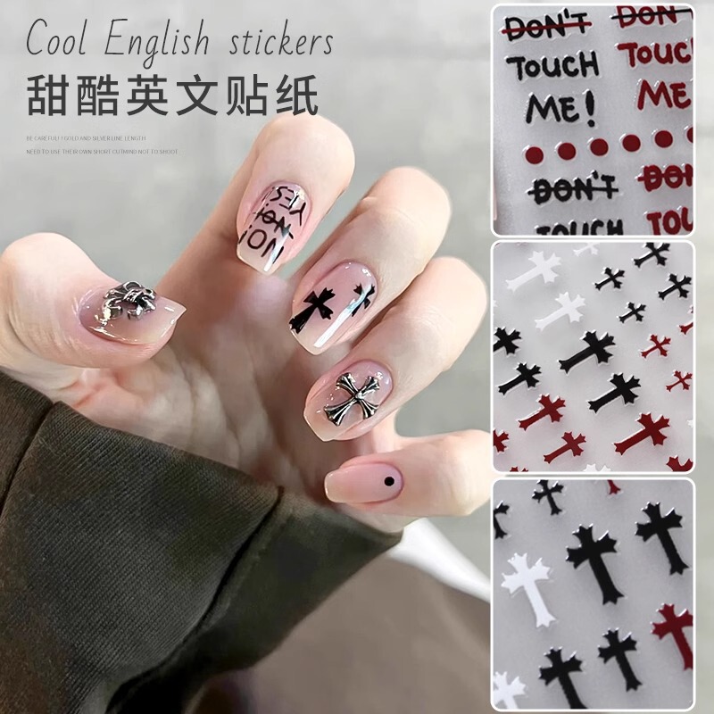 Retro Croheart Nail Art Stickers Wholesale Net Red Cross Rack Black and White English Letter Nail Stickers Decorative Stickers