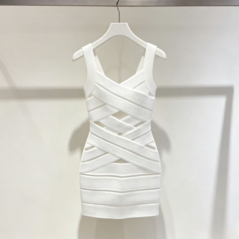 In-Stock Nanyou High-End Women's Fashion New French-Style V-Neck Bodycon Knit Hollow-Out Youthful Suspender Dress