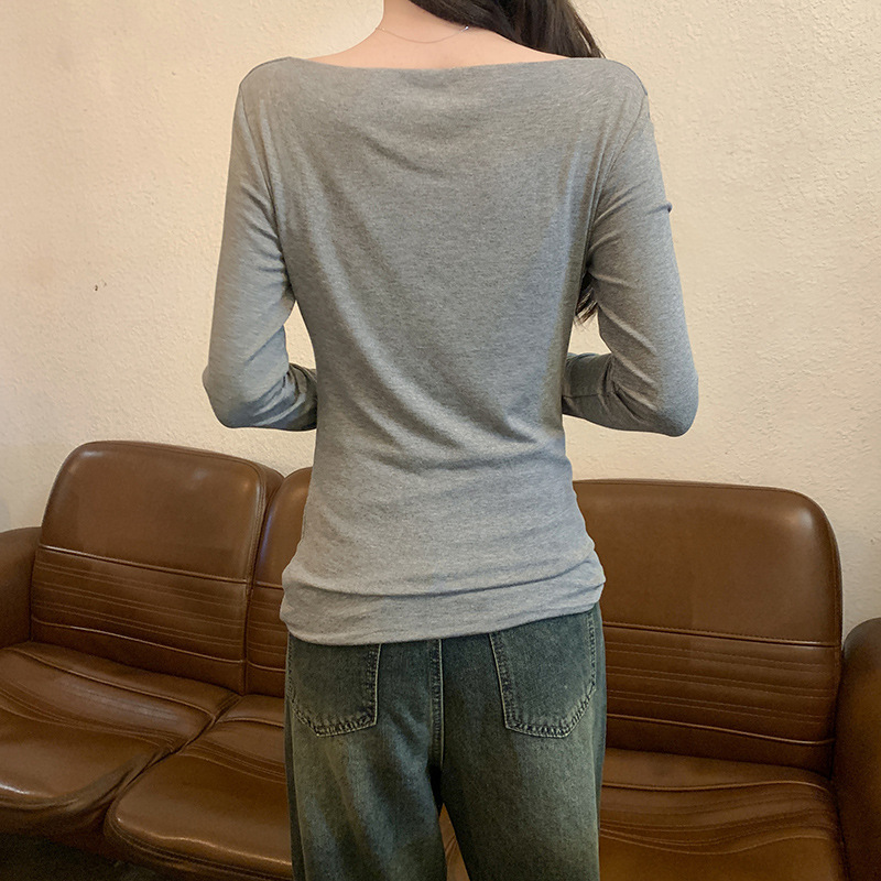 露肩修身抽褶长袖T恤女早秋新款修身显瘦内搭不规则斜肩上衣冬季|undefined
