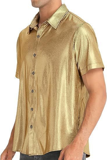 2025 New Men's Shirt 70S Button-Down Short-Sleeved Nightclub Dance Party Shiny Party Ready Stock