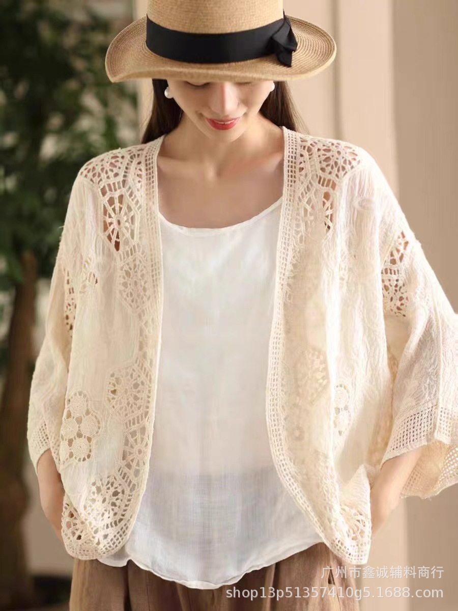 Retro industria pesada hueco gancho diseño sensación de vestir cardigan de punto de verano de mujeres temperamento superior bordado blusa image 8