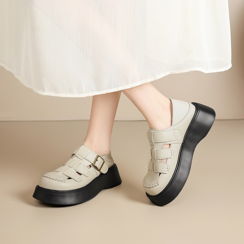 Sandal nữ đế dày phong cách La Mã, quai dệt kiểu Pháp cổ điển — AB16FP mét đen