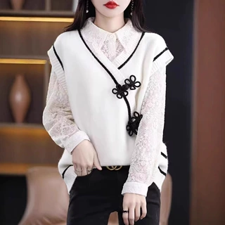羊毛马甲V领女民族风盘扣温柔风套头无袖背心针织衫