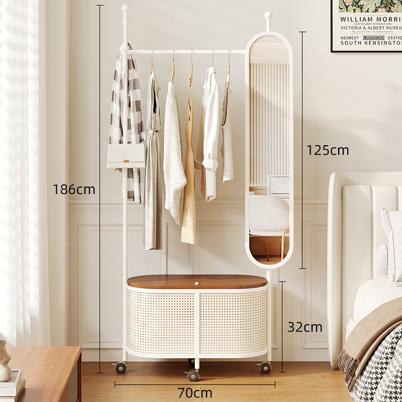 French-Style Bedroom Floor-Standing Clothes Rack Mirror Full-Length Mirror Coat Rack Integrated Mobile Dressing Mirror Simple Dustproof New Model