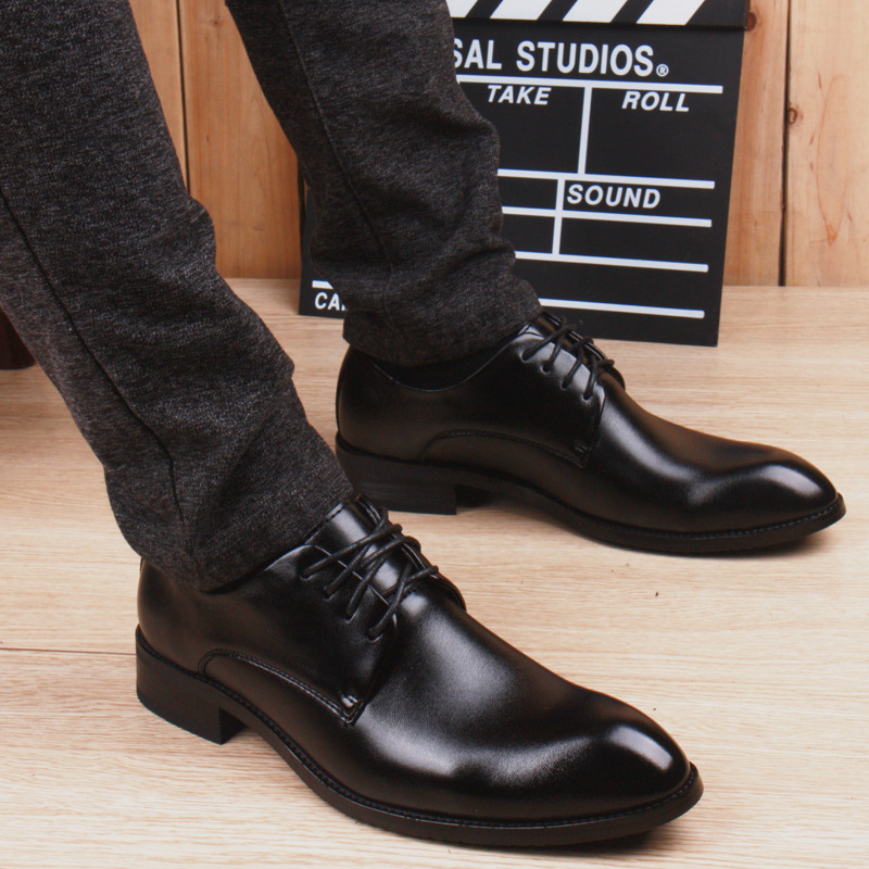 Lace-Up Business Formal Leather Shoes for Men, Youth Korean Style Wedding Shoes, Height-Increasing British Casual Shoes, Pointed-Toe Trendy Men's Shoes