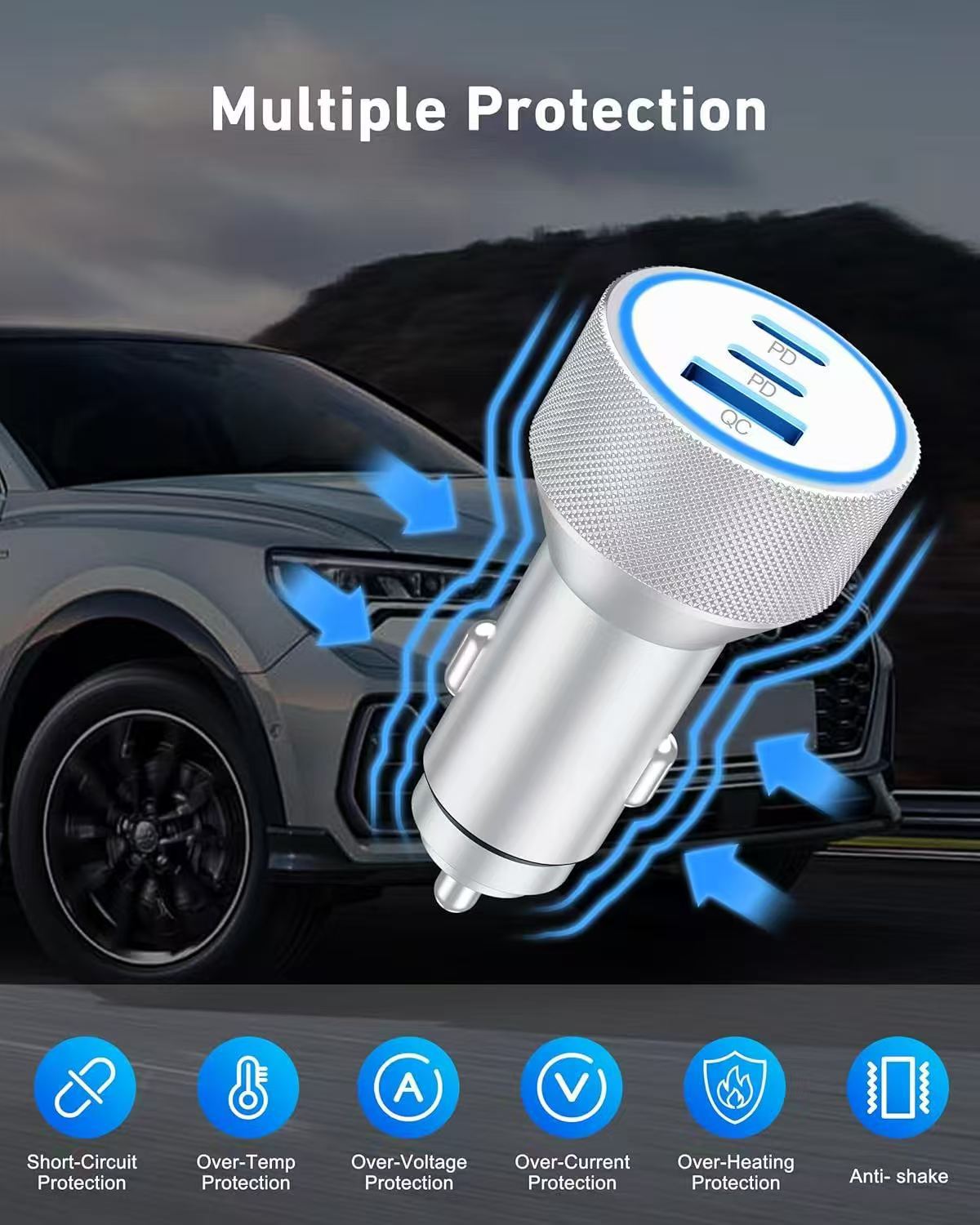 Cross-Border New Aluminum Alloy Car Charger Qc3.0 Aluminum Alloy Car Mobile Phone Charger Dual Pd30W Fast Charging