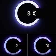 1个 白色 ABS  LED镜面镂空挂钟 闹钟 现代简约创意闹钟可7色光切