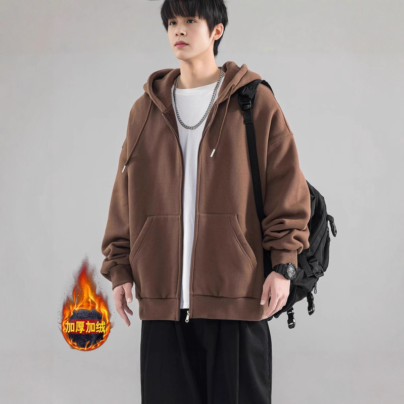 Cardigan Sweatshirt Men's Autumn and Winter American Fashion Brand Heavy Jacket Boys' Clothes Fleece-Lined Hooded Couple Autum Jacket