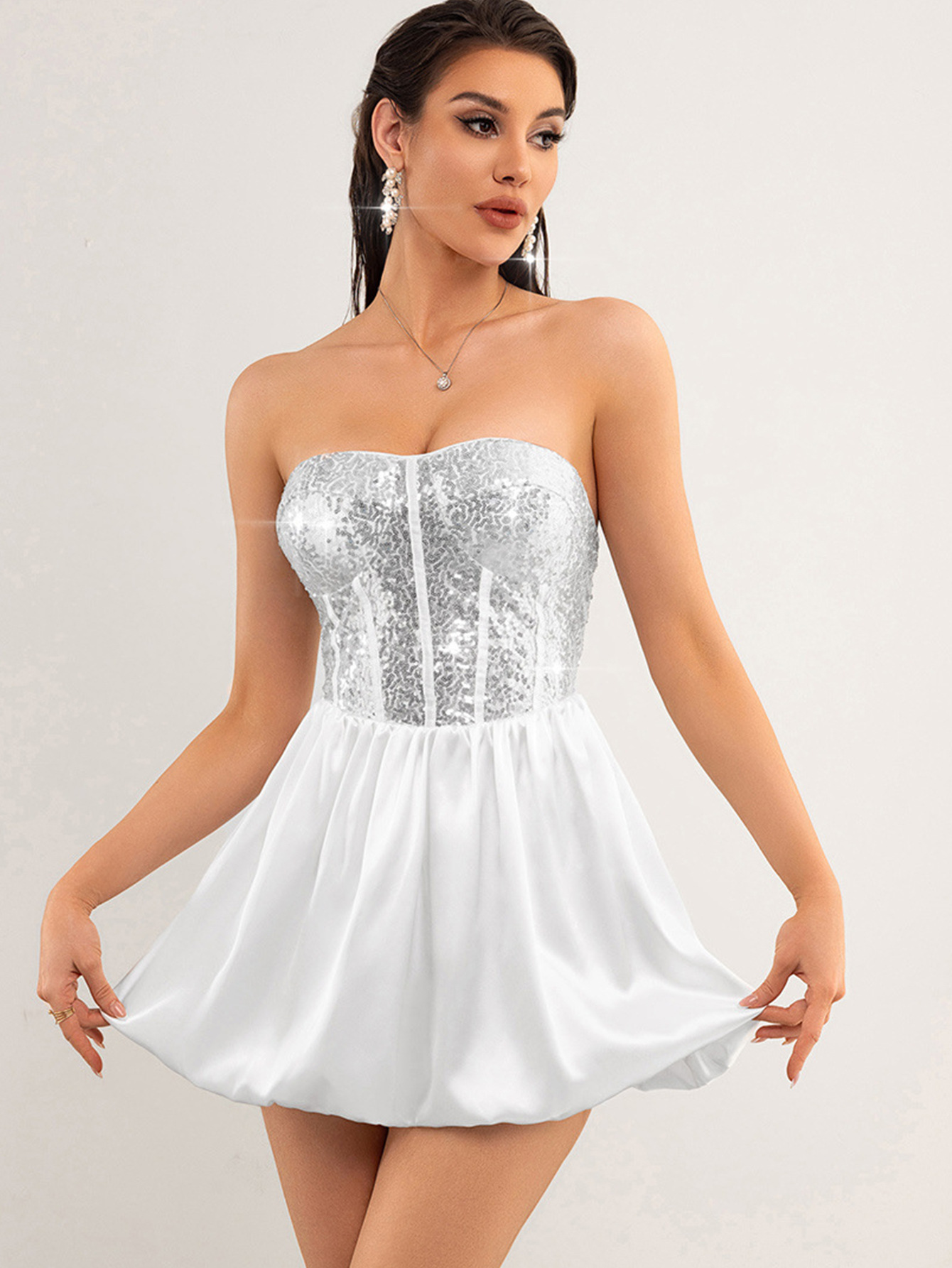 Women Clothing Sexy Backless Sequined White Dress Short Dress Summer