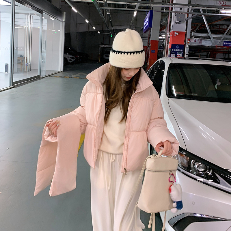 欧货2025圆领带围脖短款棉服女冬季新款宽松加厚面包服外套|undefined