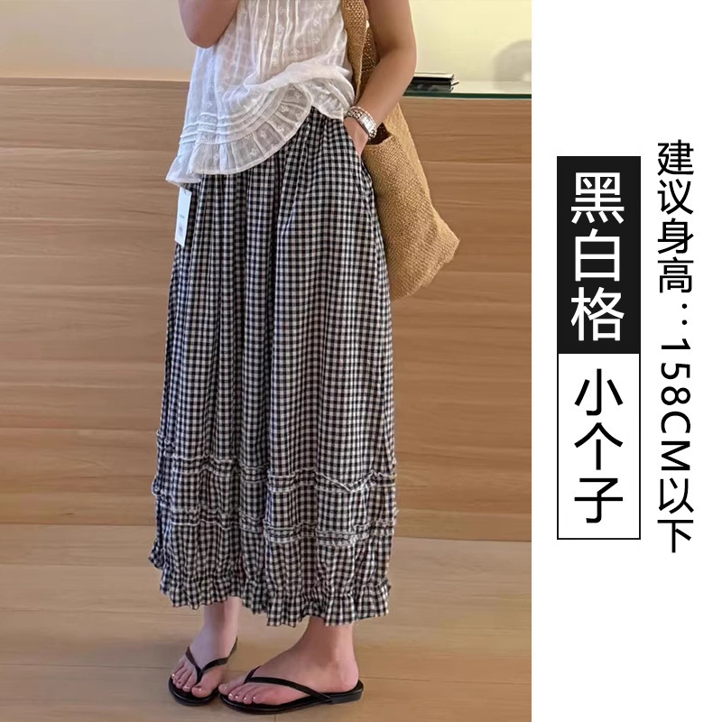 花边格子灯笼裤女夏季薄款2025新款慵懒风高腰宽松显瘦九分休闲裤|undefined