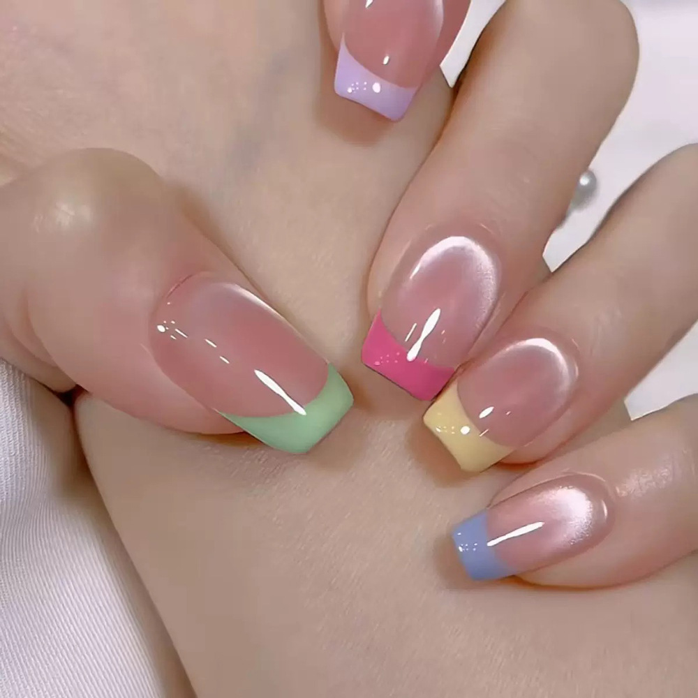 Macaron Rainbow French Cat Eye Wearable Nail Tips Dopamine Sweet Girl Summer Nail Art Removable Fake Nails