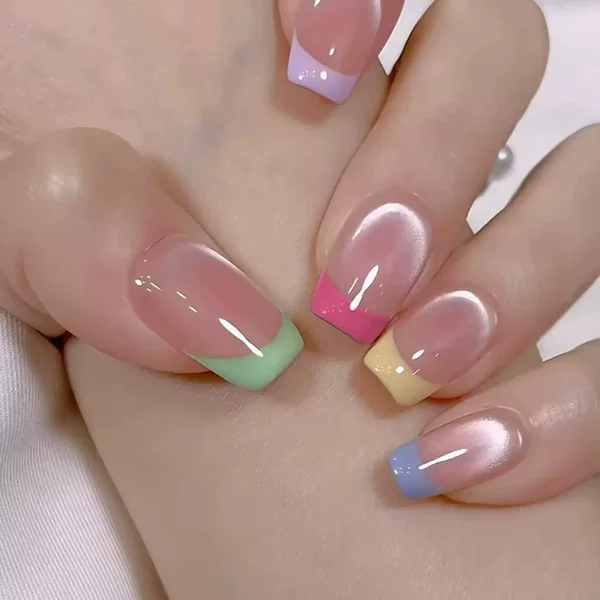 Macaron Rainbow French Cat Eye Wearable Nail Tips Dopamine Sweet Girl Summer Nail Art Removable Fake Nails