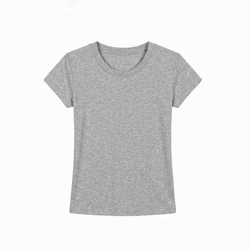 Trendy Gray Short-Sleeve T-Shirt for Women, Slim Fit, Summer, Flattering, Round Neck, Small Flutter Sleeves, Tencel Knit Top Trendy Gray Short-Sleeve T-Shirt for Women, Slim Fit, Summer, Flattering, Round Neck, Small Flutter Sleeves, Tencel Knit Top