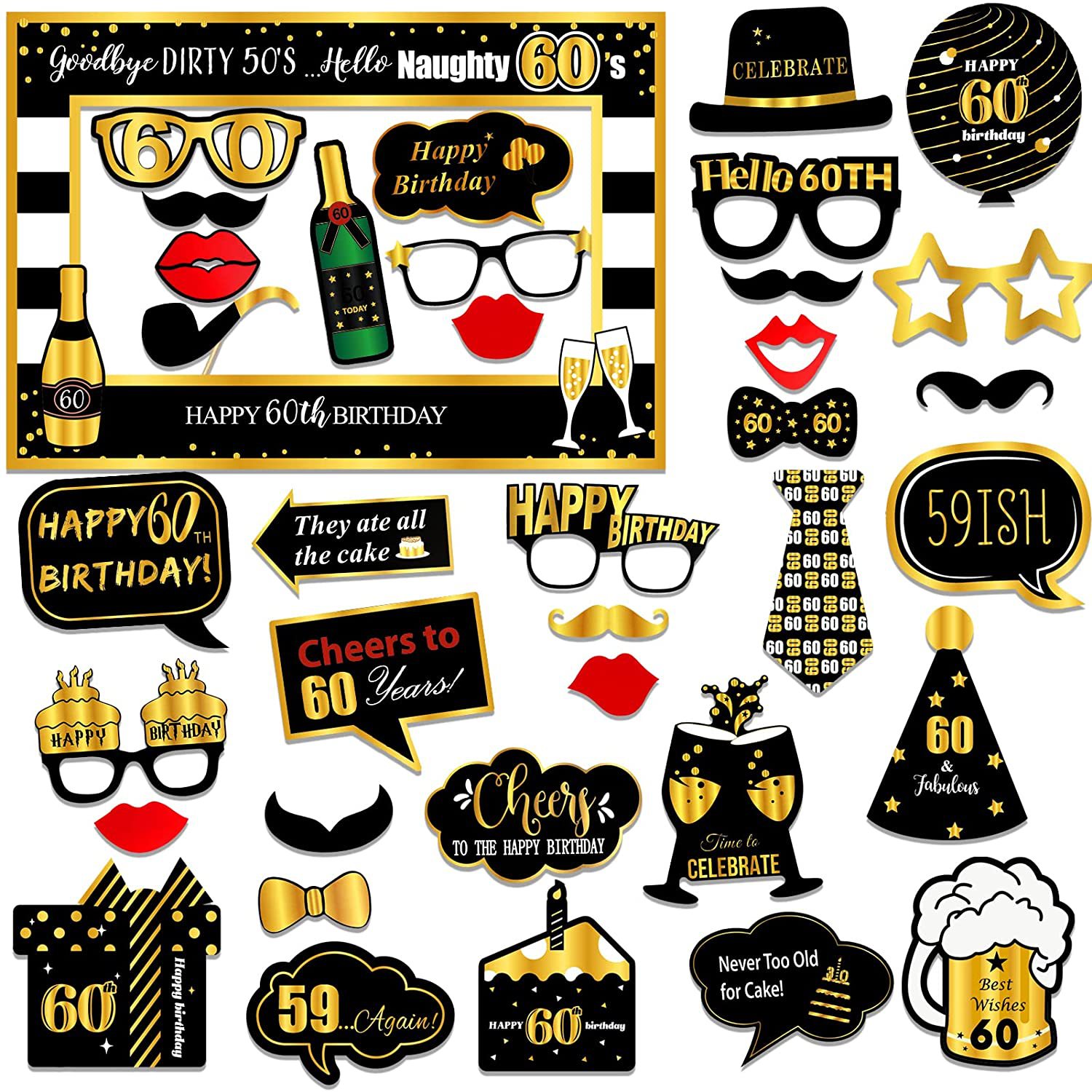 30-60成人周岁生日派对拍照道具 黑金纸相框生日派对装饰用品|ms