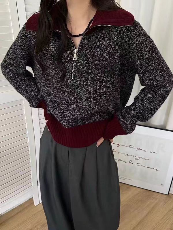 2025年新款花纱撞色半拉链女装高领100%纯羊毛套头韩版长袖羊毛衫|undefined