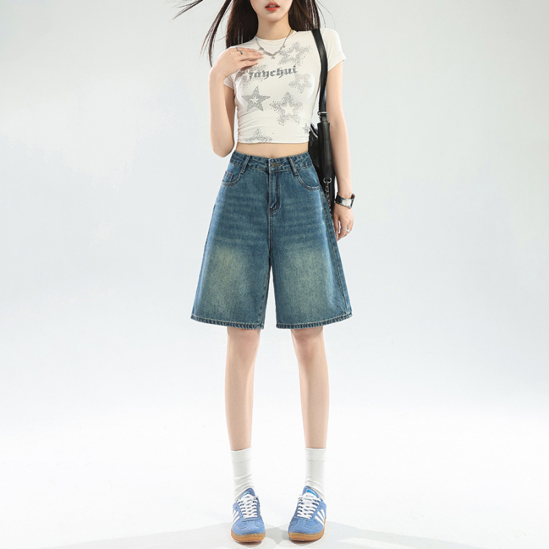 Pantalones jeans de cintura alta y piernas anchas de cinco puntos para mujeres verano de 2026 delgado recto delgado tamaño grande gordo mm pantalones de cintura elástica