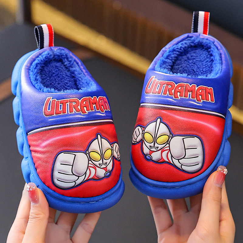 Ultraman Kidsren's Cotton Slippers Autumn and Winter Boys Cartoon Tiga Home Indoor Soft Non-Slip Baby Waterproof Cotton Slippers