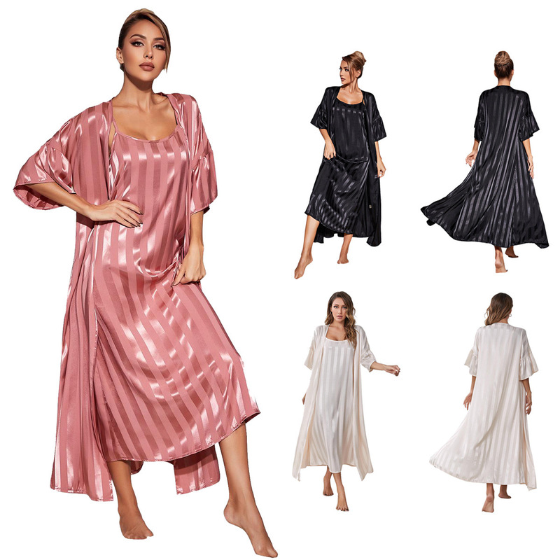 Amazon Foreign Trade Suspender Pajamas for Women, Imitation Silk Long-Sleeved High-End Ice Silk Nightgown, Home Wear Set, Independent Station