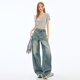2025 Summer New American Style Retro Scimitar Design Stitching Jeans Women's High Waist Loose Dipped Wide Jeans