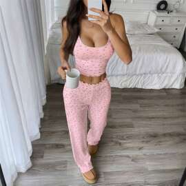 外贸碎花吊带长裤家居服睡衣套装女  Pajamas Set Women防走光