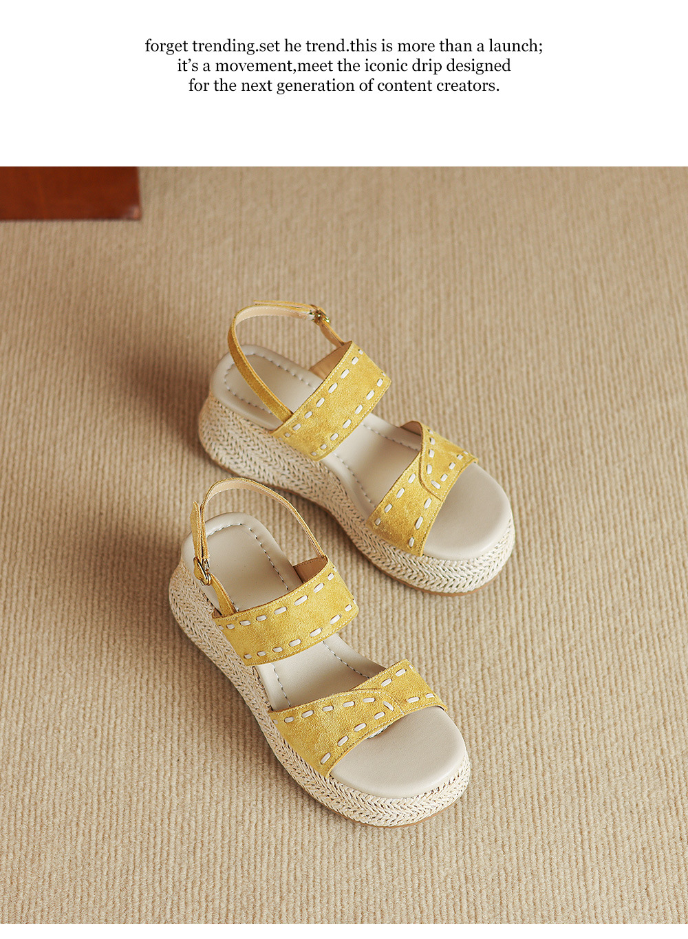 Sandal nữ đế xuồng đan rơm cao gót, quai ngang một dây, phong cách hè thoải mái — Màu caramel, màu vàng chi tiết 20
