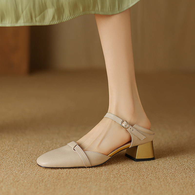 Sandal nữ bít mũi da bò thật quai chữ V đế thấp — Màu caramel chi tiết 20