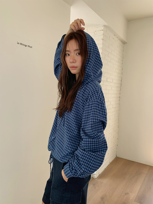苏奈 韩系复古格纹连帽抽绳单排扣25秋宽松上衣外套女tableblue|undefined