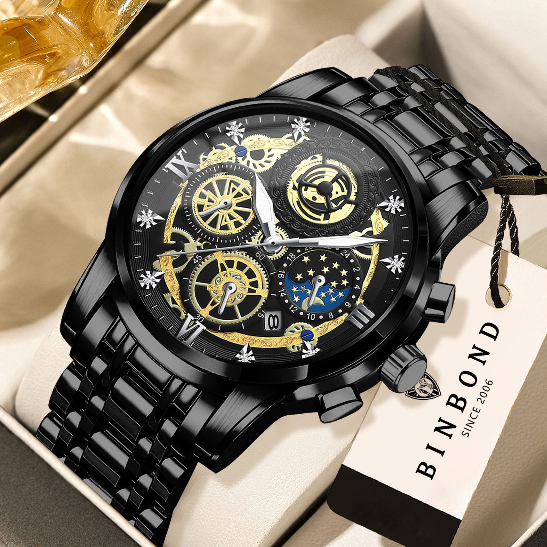 Binbang Foreign Trade Specializes in Men's Quartz Watch Hollow New Concept Waterproof Cross-Border Shrimp Leather Watch Multi-Function Watch