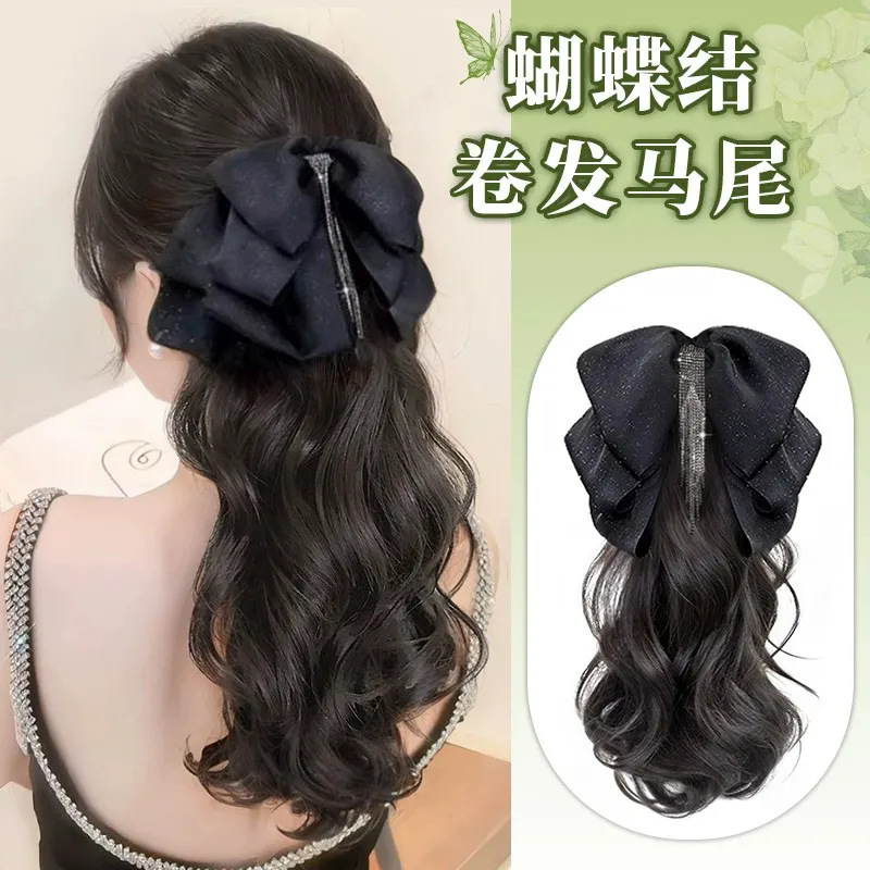 Cauda de caballo pelucón de cabello de mujer larga curva estrella agarrando clip de diamante flange arco de simulación de cabello bajo trenzada falsa cola de caballo