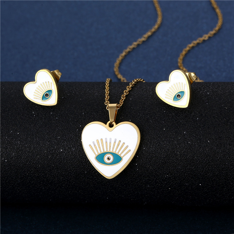 Stainless steel dripping oil heart eyes necklace earring set wholesale