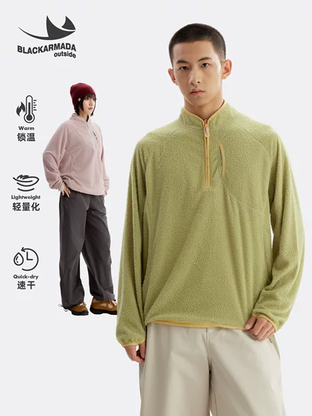Black Fleet Autumn and Winter Fleece-Lined Loose Stand-Collar Cloud Fleece Sweatshirt, Breathable Half-Zip, Thermal Insulation Outdoor Pullover
