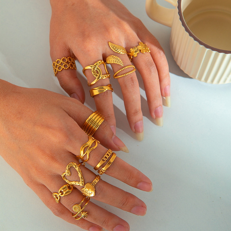 10g Weight Electroplated Gold Plating Process Golden Plated Plating Material Stone-Free Inlay Material Open Rings, Rings Classification 1 Piece Quantity Holiday, Daily Occasion 201 Stainless Steel Material Leaf, Heart Shape Pattern Women's Gender Lady Style Plating Craft Wholesale Jewelry Lady Leaf Heart Shape Floral Titanium Steel Plating Open Rings 无