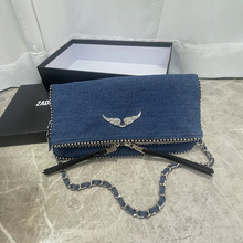 外单黑色zv翅膀烫钻女包 pu金属链条包zading
