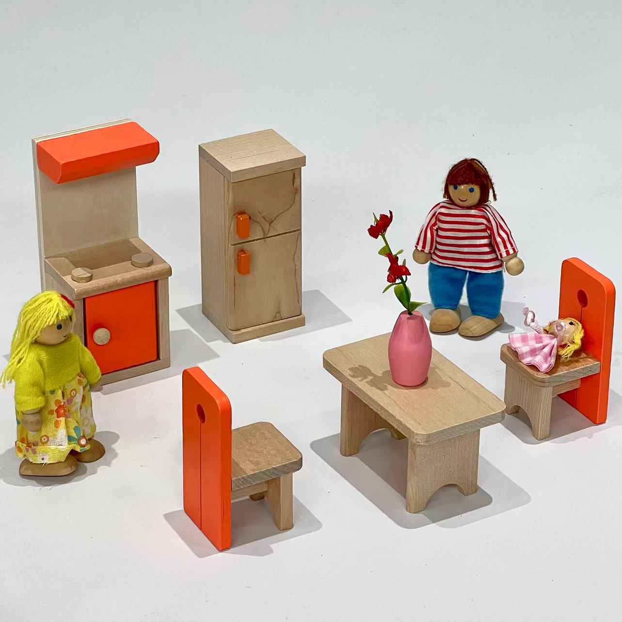 Mini conjunto completo familia juguetes de madera niños jugar casa linda simulación muebles pequeños traje noche mercado juguetes pequeños