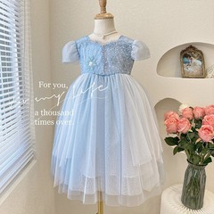 2023新款女童艾莎公主雪花刺繡亮片連衣裙冰雪奇緣愛莎長裙禮服