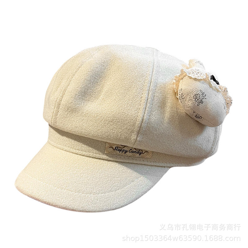 可爱卡通蕾丝兔子八角帽子女秋冬时尚保暖毛呢报童帽显脸小鸭舌帽|undefined