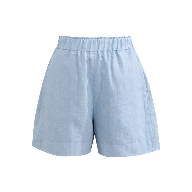 Bộ đồ linen nữ mùa hè áo sơ mi phối quần short dáng rộng — Quần short - 86185 ngày xanh