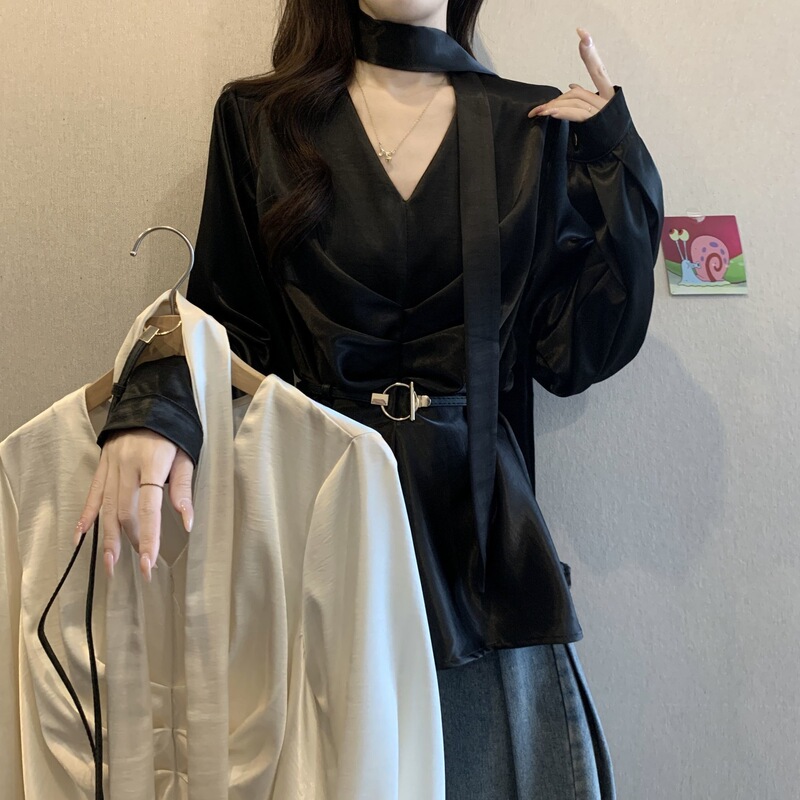 High-End Acetate Satin Ribbon Collar Shirt 2026 Early Autumn New Style with a Belt to Accentuate the Waist and Cover the Belly High-End Acetate Satin Ribbon Collar Shirt 2026 Early Autumn New Style with a Belt to Accentuate the Waist and Cover the Belly