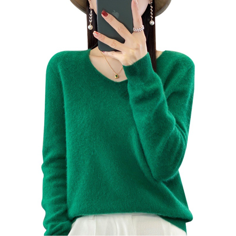 First Line Clothing 100 Pure Wool Knitwear Women's V-neck Pullover Loose Base Shirt Autumn and Winter New Solid Color Sweater