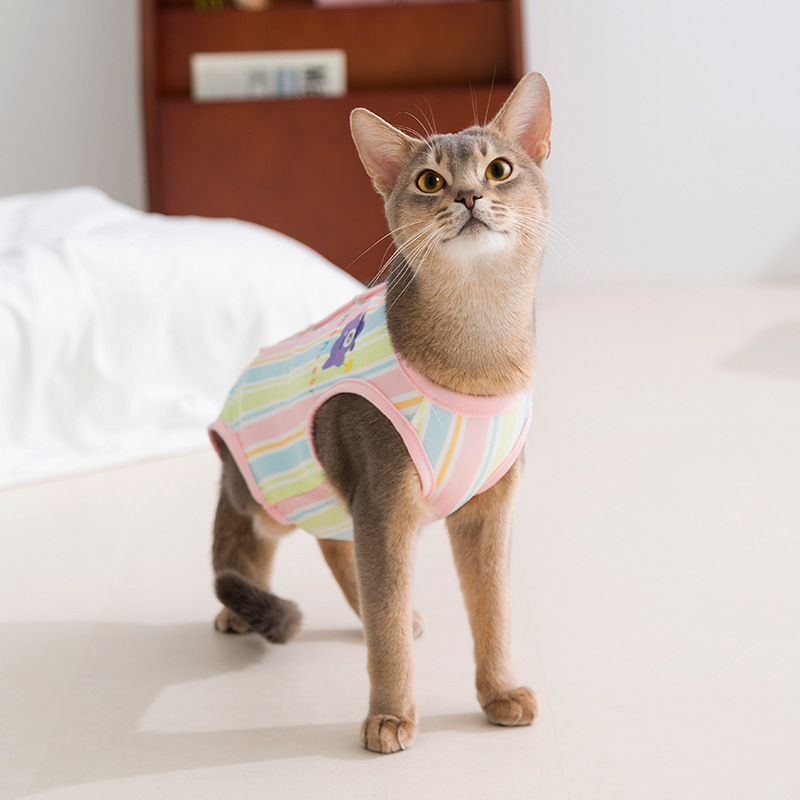 Gatos de dibujos animados a rayas monstruos esterilización ropa de destete transpirable cuatro estaciones ropa postoperatoria ropa de gato mascota