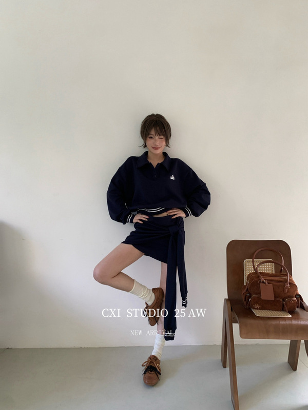 CXI 柏林少女polo领上衣半身裙两件套针织套装休闲宽松卫衣短裙|undefined