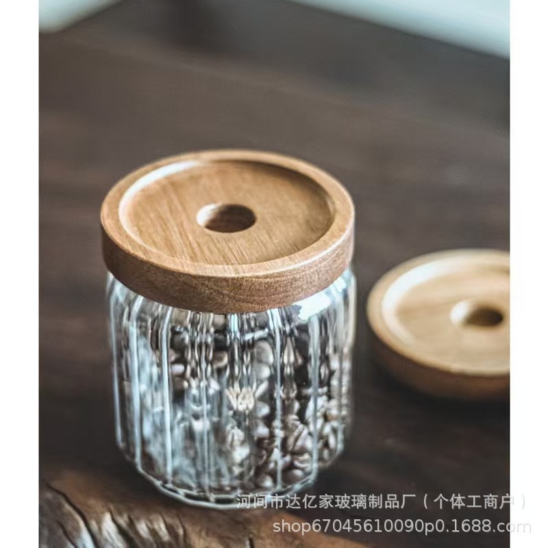 lata de té alta borosilicona vidrio contenedor tanque de almacenamiento cubierta de madera Acacia lata de almacenamiento lata de cáscara de naranja lata de sellado de vidrio rayado