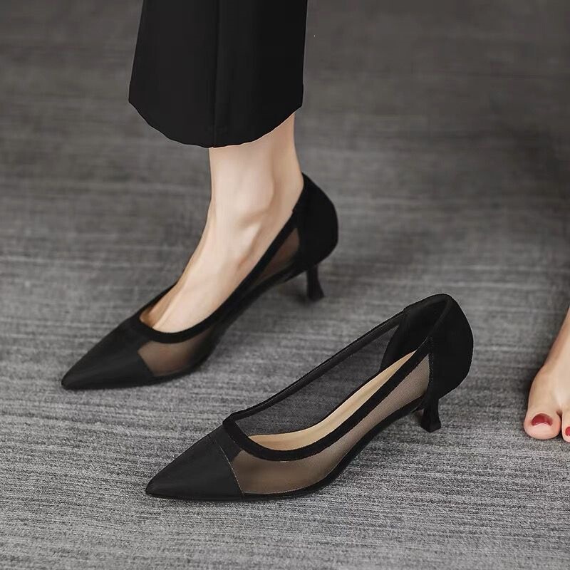 Affordable Mesh High-Heeled Shoes for Women, French-Style Mesh, 2026 New Summer Lace Breathable Pointed Toe Hollow-Out New Shallow-Cut Shoes