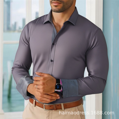Men's Colorblocked Shirt Business Casual Shirt Men's Contrast Collared Shirt Summer Large Men's Outfit Wholesale