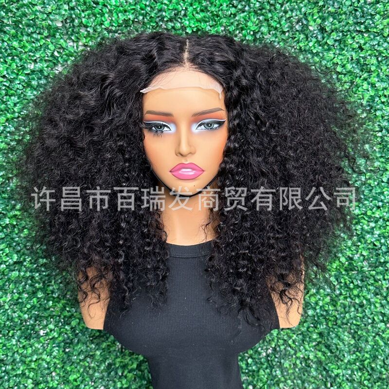 Cross-border e-commerce African fluffy explosive head Afro 4*4 lace long real hair curly hair fashion wig headgear Cross-border e-commerce African fluffy explosive head Afro 4*4 lace long real hair curly hair fashion wig headgear