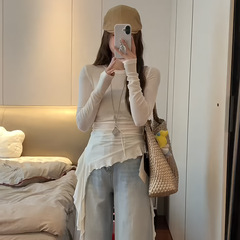 不规则设计感圆领长袖T恤女2025年春季新款洋气修身显瘦百搭上衣