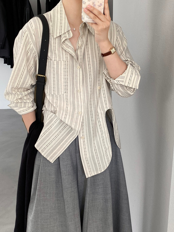 江左 通勤风亚麻条纹衬衣女2025秋季百搭宽松长袖不规则衬衣 1661|undefined