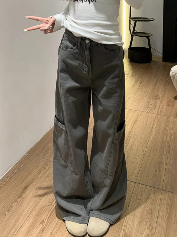 灰色阔腿工装裤女夏季新款胖mm大码宽松梨型身材显瘦直筒牛仔裤子|undefined
